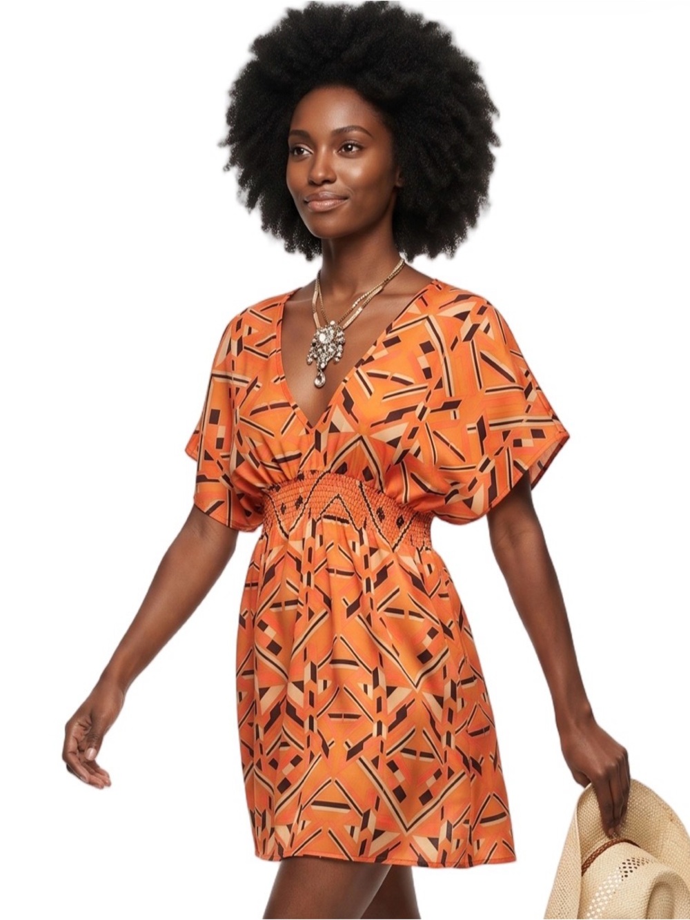 WISH Kimono orange blue mini dress Geometric pattern Smock waist Short sleeve - Picture 16 of 16